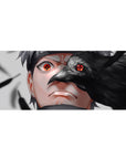 36x16 inches anime desk pad with Sasuke Uchiha and crow overlay, sharp feathers and intense stare.