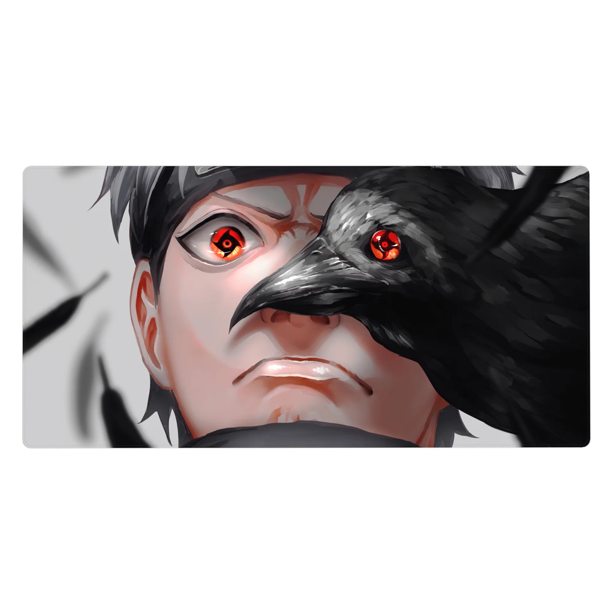 40x20 inches anime desk pad with Sasuke Uchiha and a crow overlay, sleek glossy black and gray art.