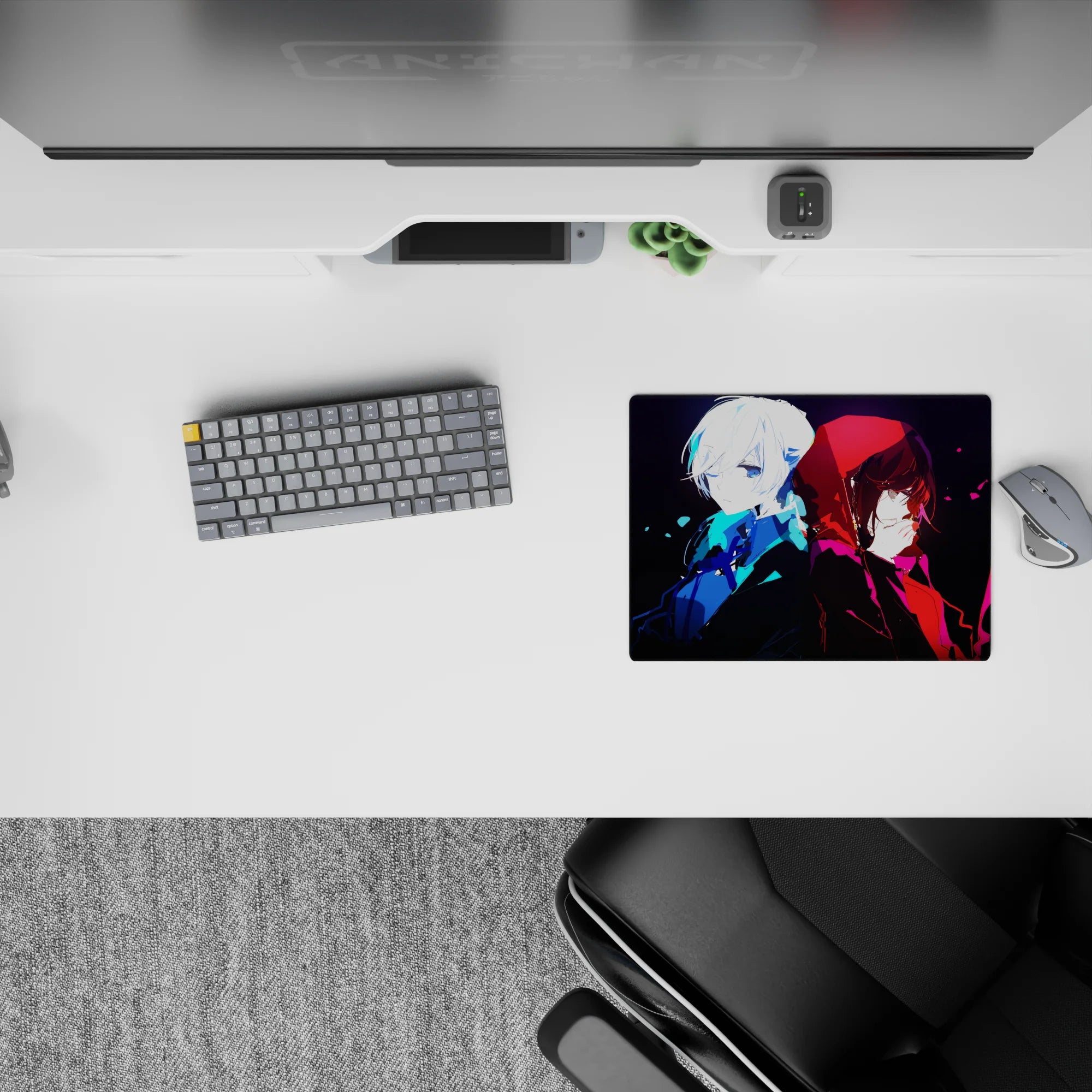 Moody anime mouse pad 14x10 inches in icy blue and crimson tones with cinematic contrast.
