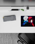 Moody anime mouse pad 14x10 inches in icy blue and crimson tones with cinematic contrast.