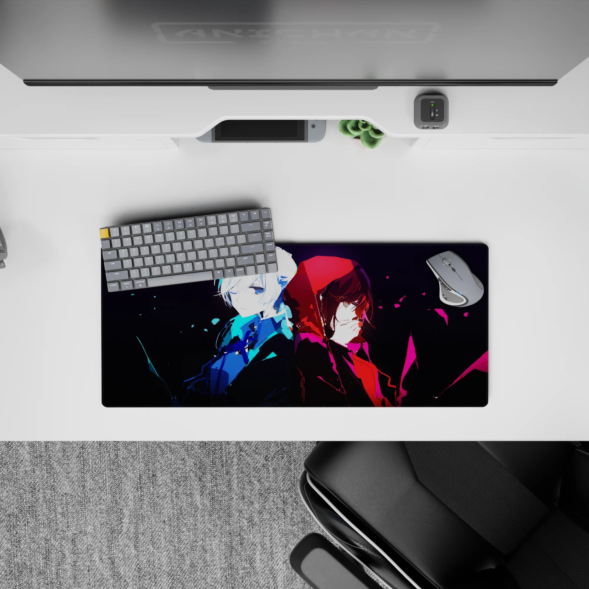 Moody anime mouse pad 28x12 inches in icy blue and crimson with cinematic contrast.