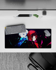 Moody anime mouse pad 28x12 inches in icy blue and crimson with cinematic contrast.