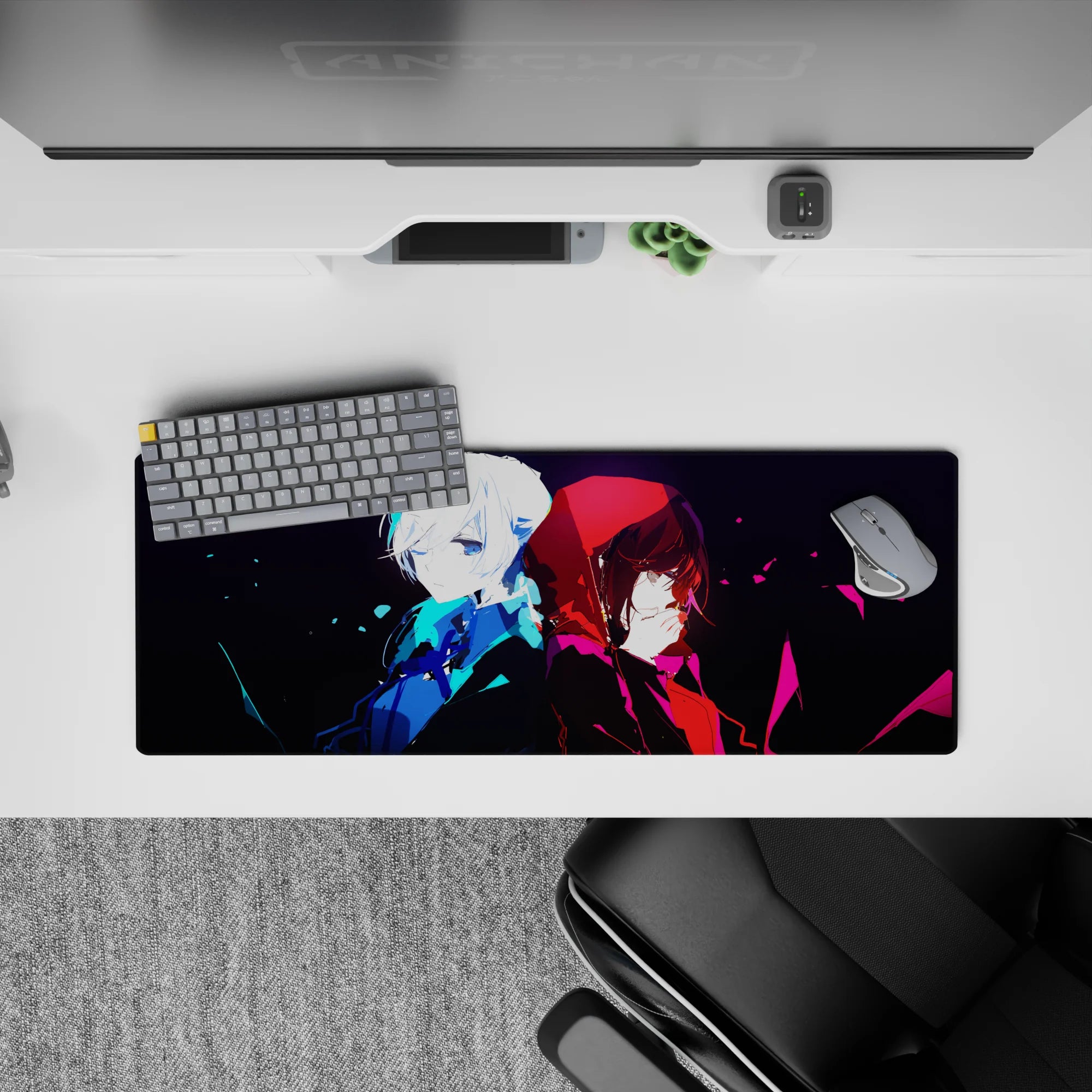 Anime mouse pad 32x12 inches in icy blue and crimson, with a moody, high-contrast anime aesthetic.