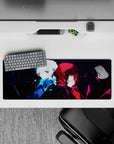 Anime mouse pad 32x12 inches in icy blue and crimson, with a moody, high-contrast anime aesthetic.