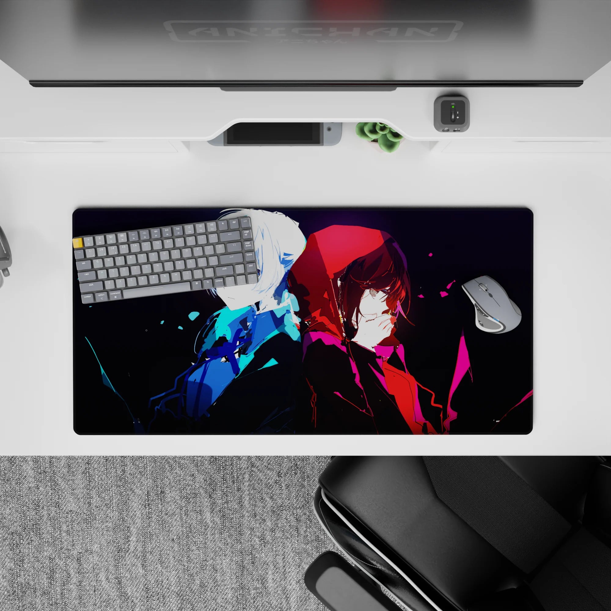 32x16 inches anime mouse pad in icy blue and crimson tones with a dark, moody cinematic feel.