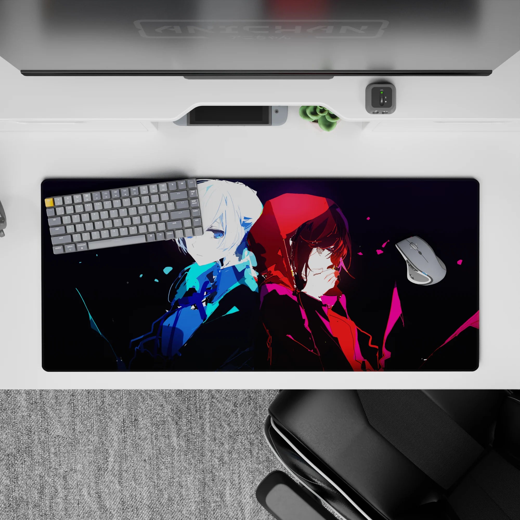 Anime desk pad 36x16 inches in icy blue and crimson tones with a dark, cinematic mood.