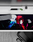 Anime desk pad 36x16 inches in icy blue and crimson tones with a dark, cinematic mood.
