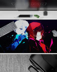 Anime desk pad 40x20 inches in icy blue and crimson, with a moody cinematic contrast.