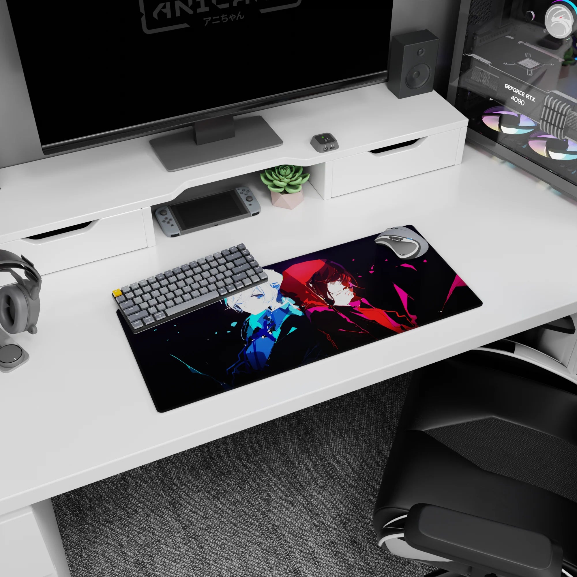 Anime mouse pad 28x12 inches featuring a pale-haired girl and crimson-hooded girl back to back.