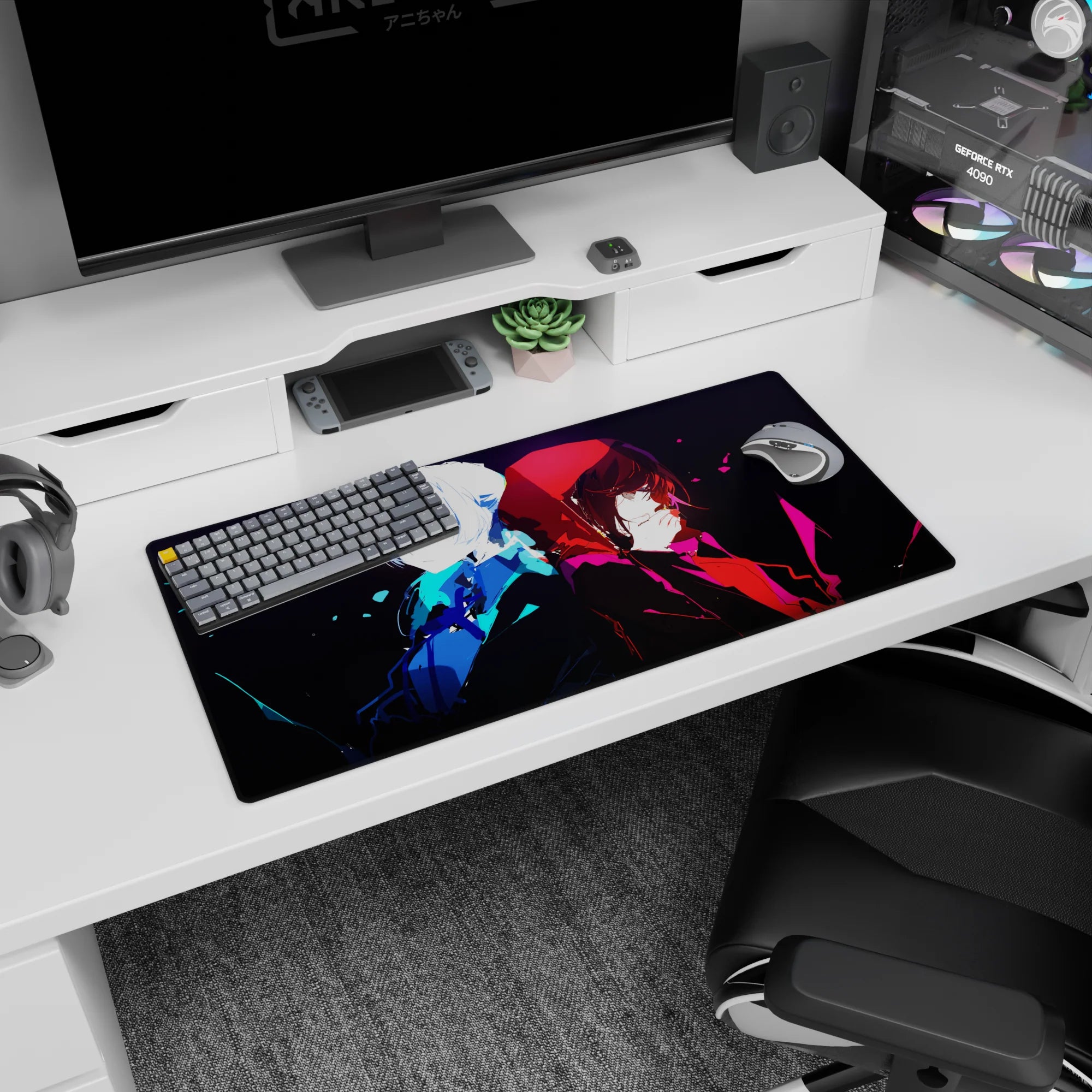 Anime mouse pad 32x16 inches featuring a pale-haired girl and crimson-hooded girl back to back.