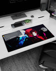 Anime mouse pad 32x16 inches featuring a pale-haired girl and crimson-hooded girl back to back.