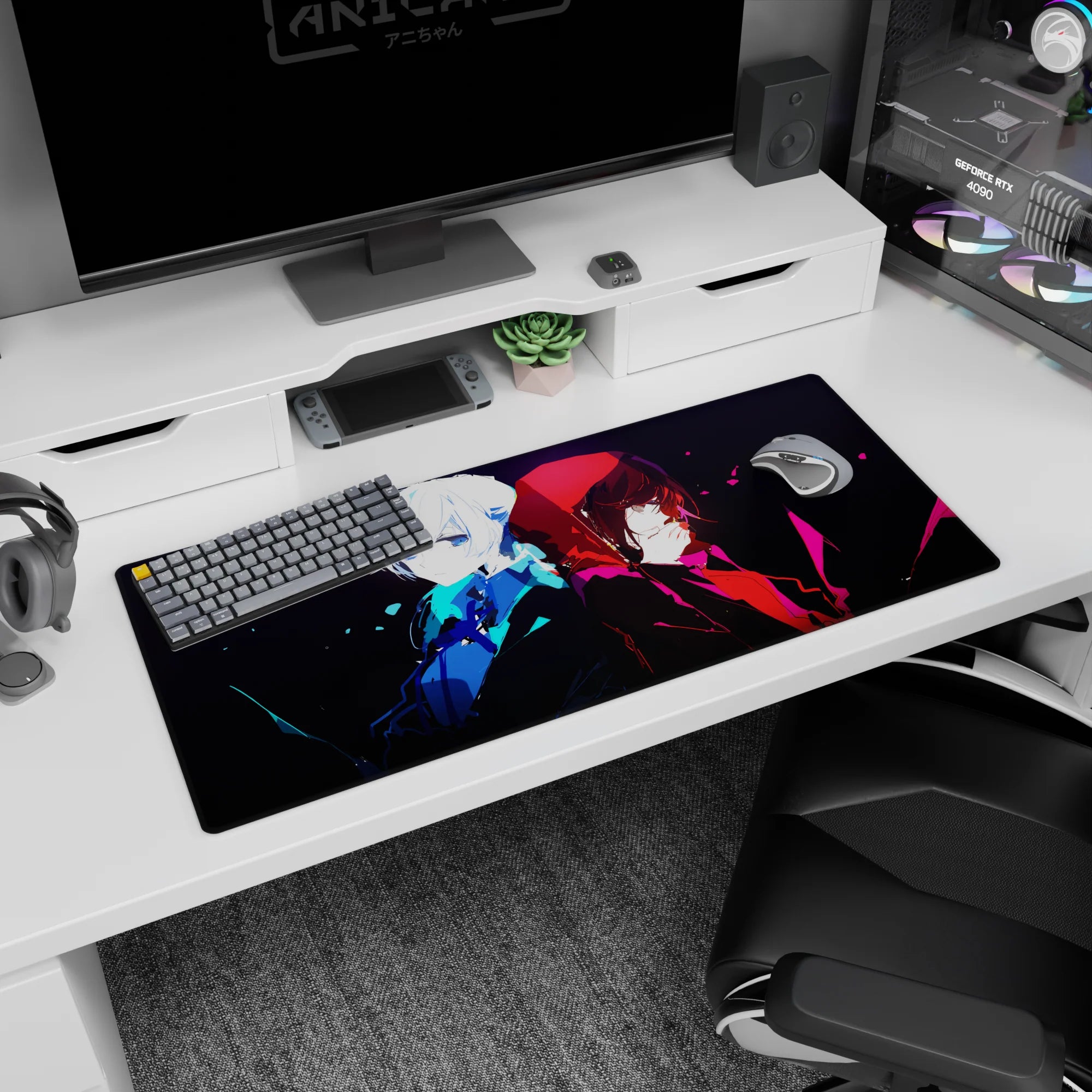 Anime desk pad 36x16 inches showing a pale-haired girl beside a crimson-hooded girl on black.