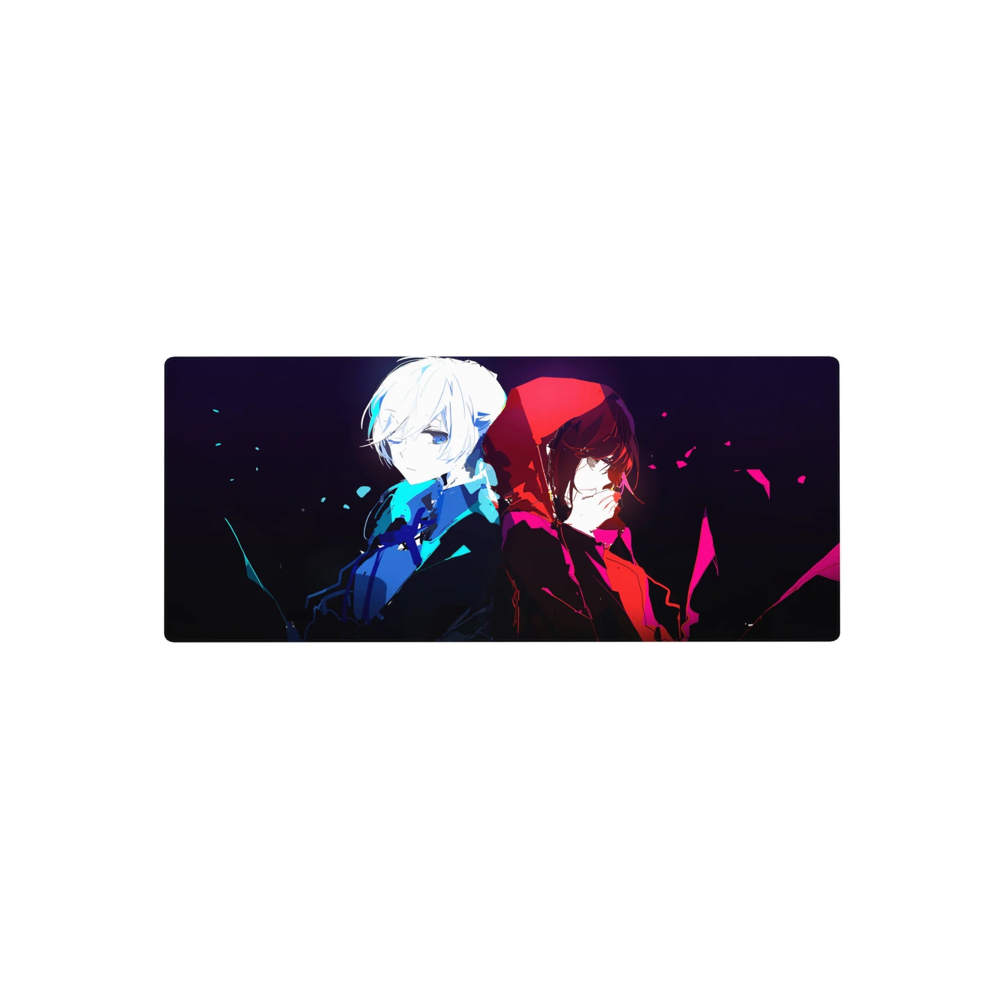Anime mouse pad 28x12 inches with two girls back to back on a dramatic black background.