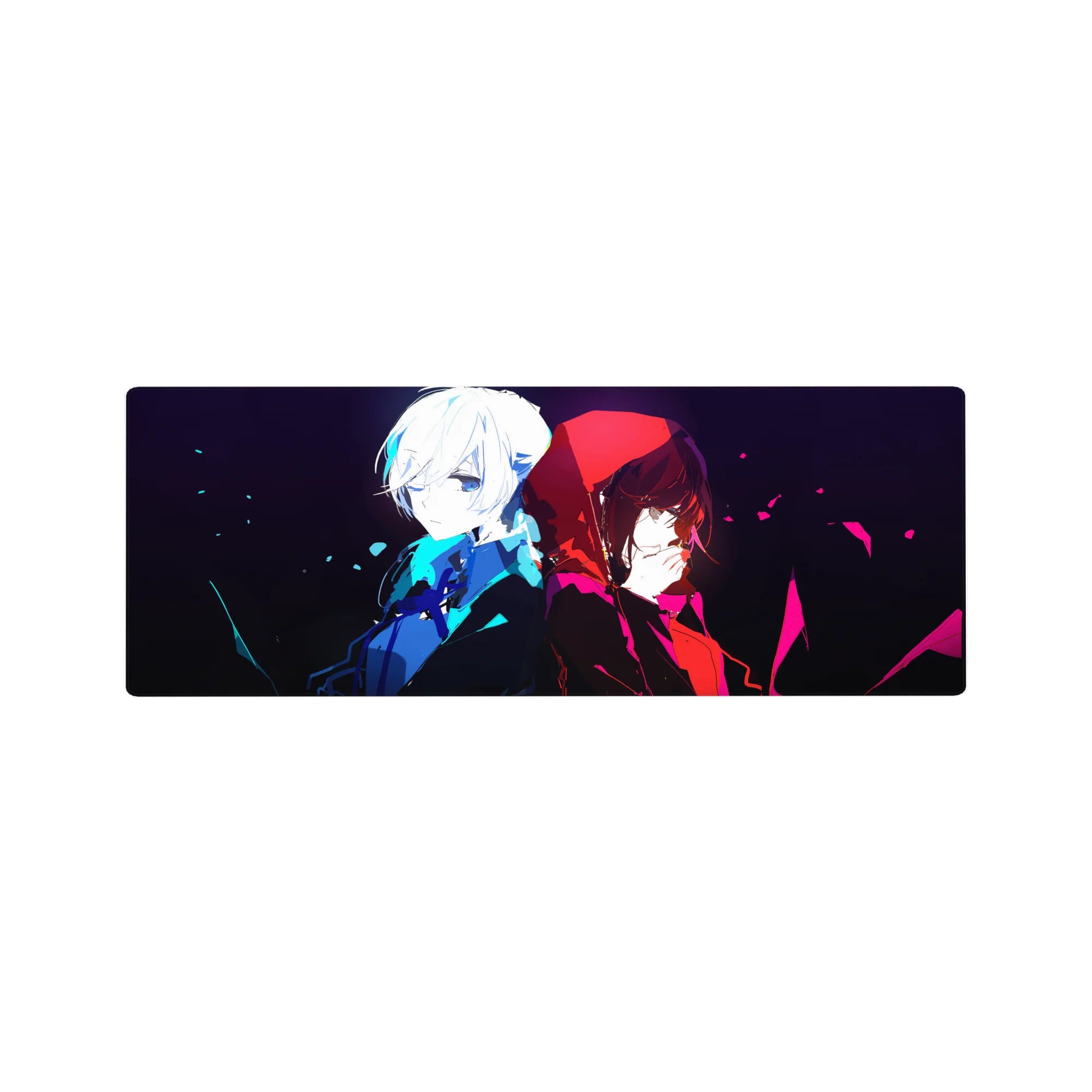 Anime mouse pad 32x12 inches with two girls back to back on a dark, cinematic background.