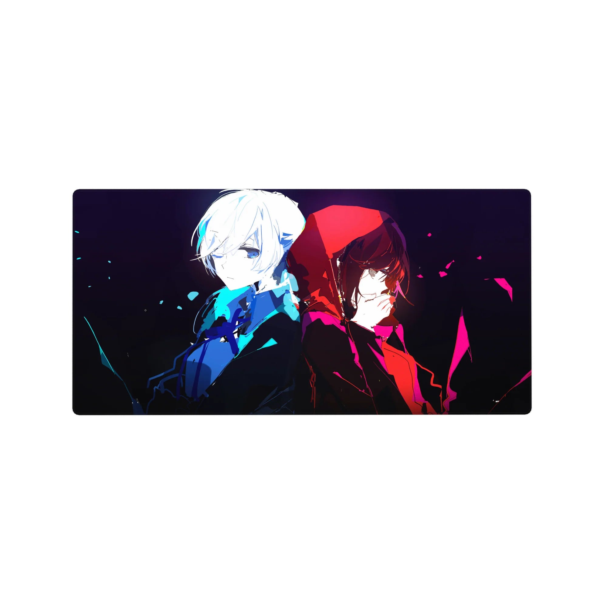 Anime mouse pad 32x16 inches with two girls back to back on a stark black cinematic background.