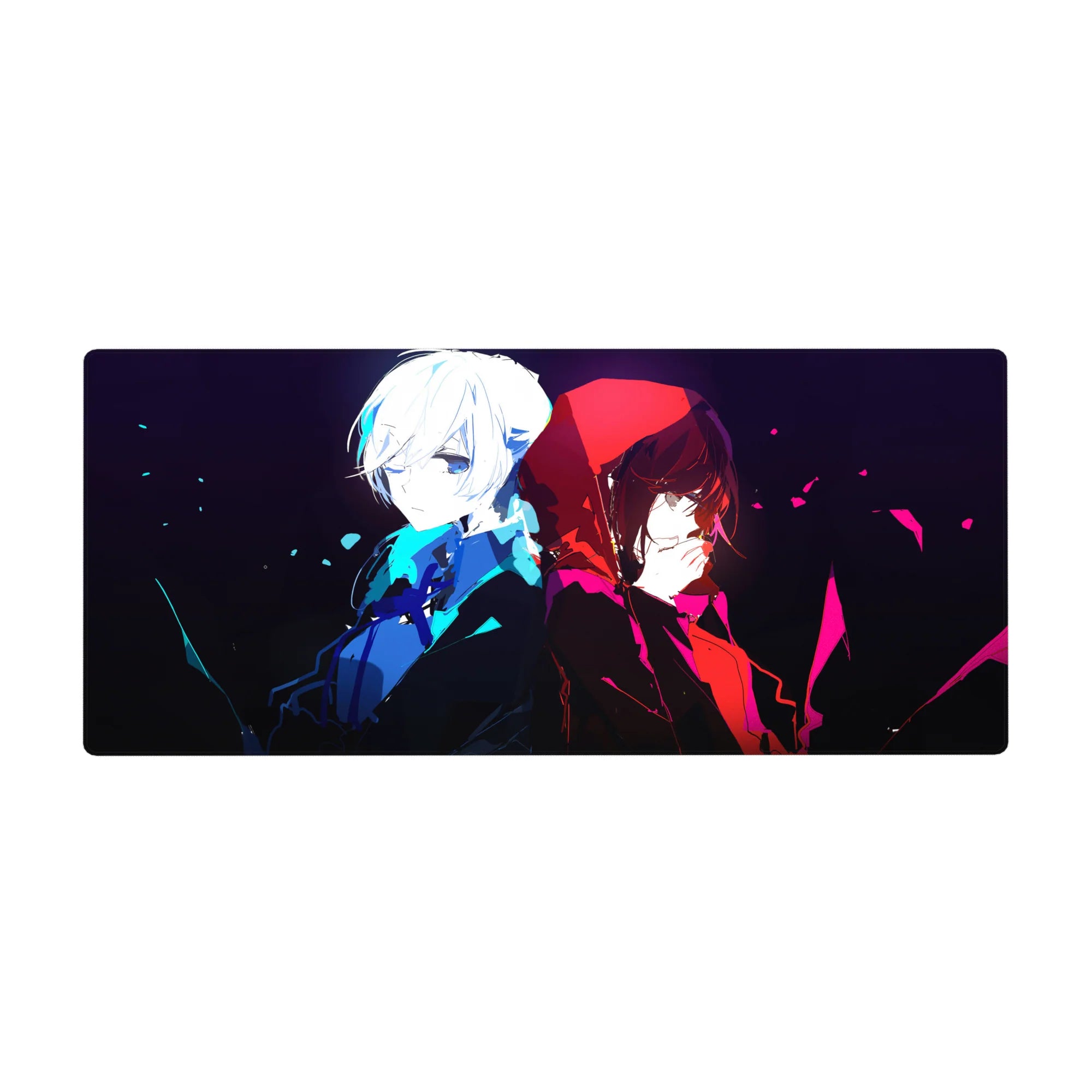 Anime desk pad 36x16 inches with two girls back to back in a bold split black background design.