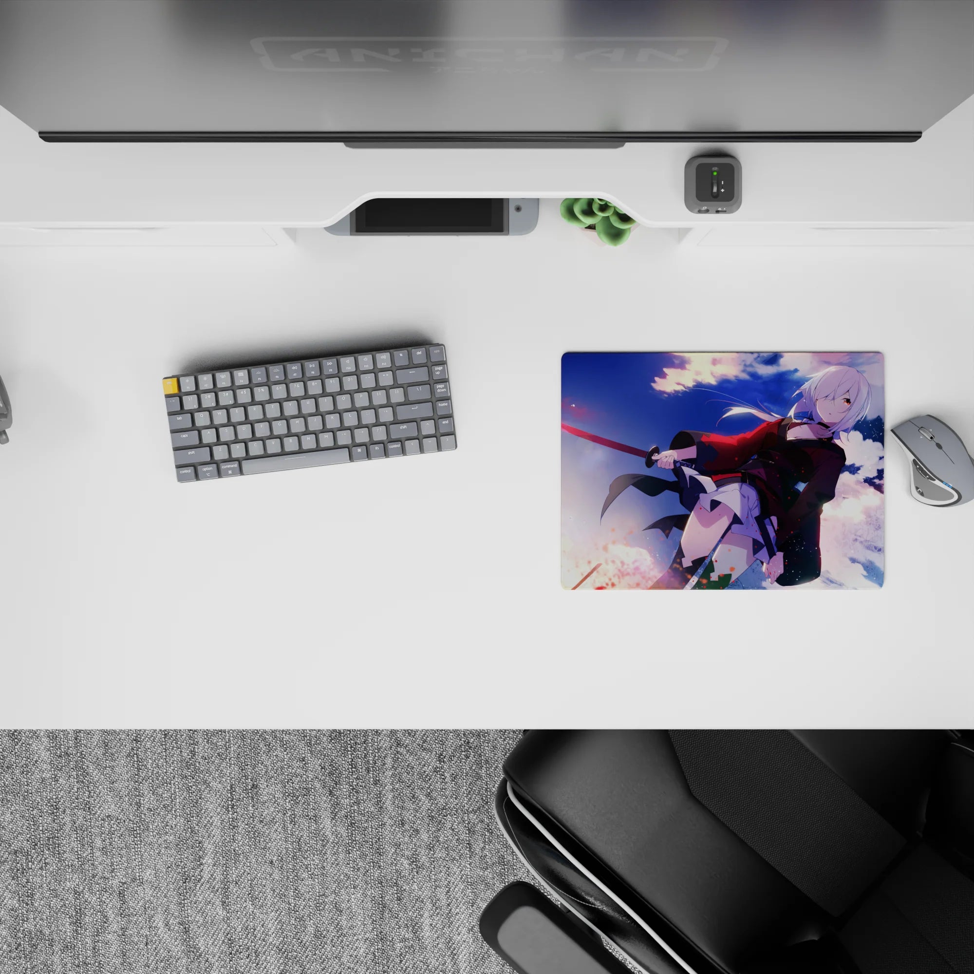 14x10 inches anime mouse pad in sunset purples and icy blues, spark splatter accents, fearless cute vibe.