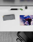 14x10 inches anime mouse pad in sunset purples and icy blues, spark splatter accents, fearless cute vibe.