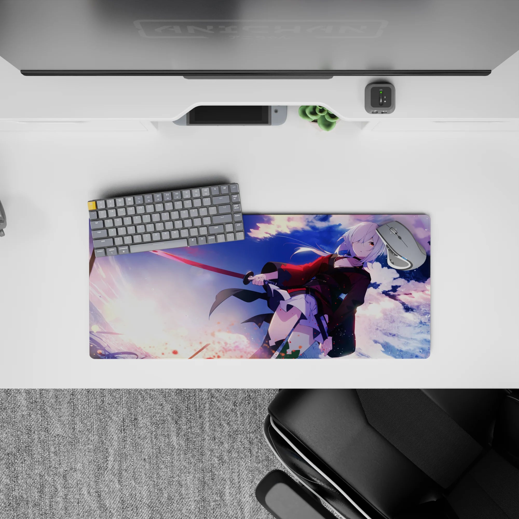 28x12 inches anime mouse pad in sunset purples and icy blues, action-cute vibe with spark-like accents.