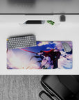 28x12 inches anime mouse pad in sunset purples and icy blues, action-cute vibe with spark-like accents.