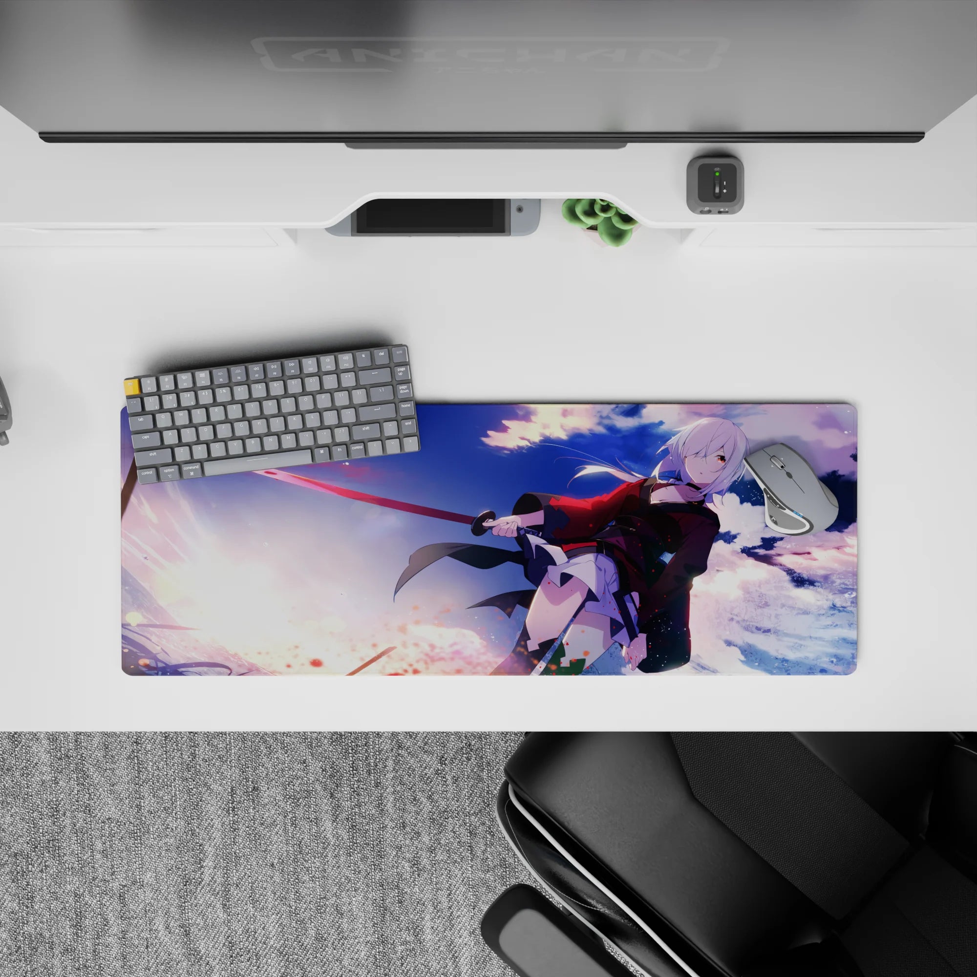 Anime girl mouse pad 32x12 inches in sunset purples and icy blues with splatter sparks, fearless vibe.