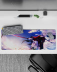 Anime girl mouse pad 32x12 inches in sunset purples and icy blues with splatter sparks, fearless vibe.