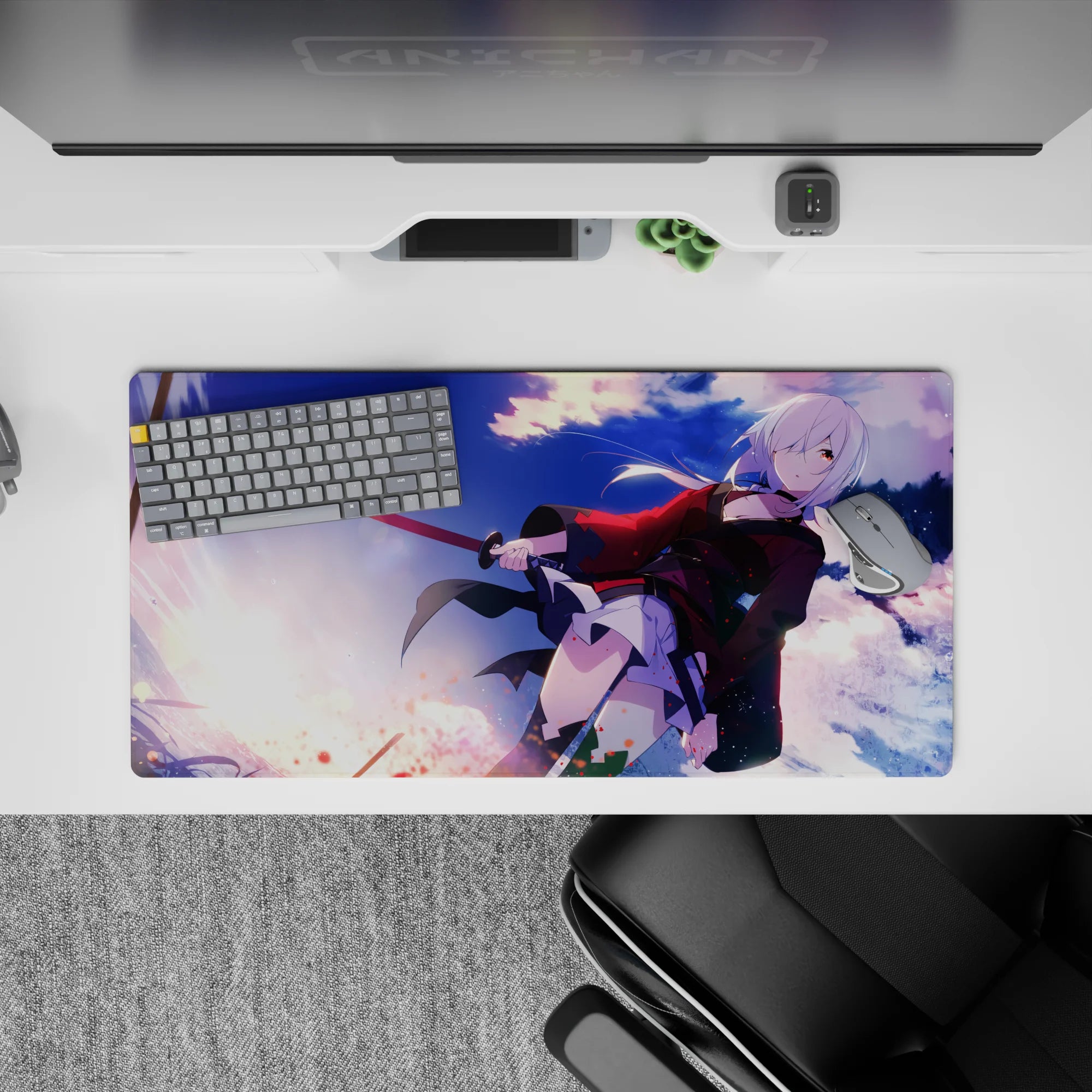 32x16 inches anime desk mouse pad in sunset purples and icy blues, action-cute fearless vibe.