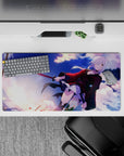 32x16 inches anime desk mouse pad in sunset purples and icy blues, action-cute fearless vibe.