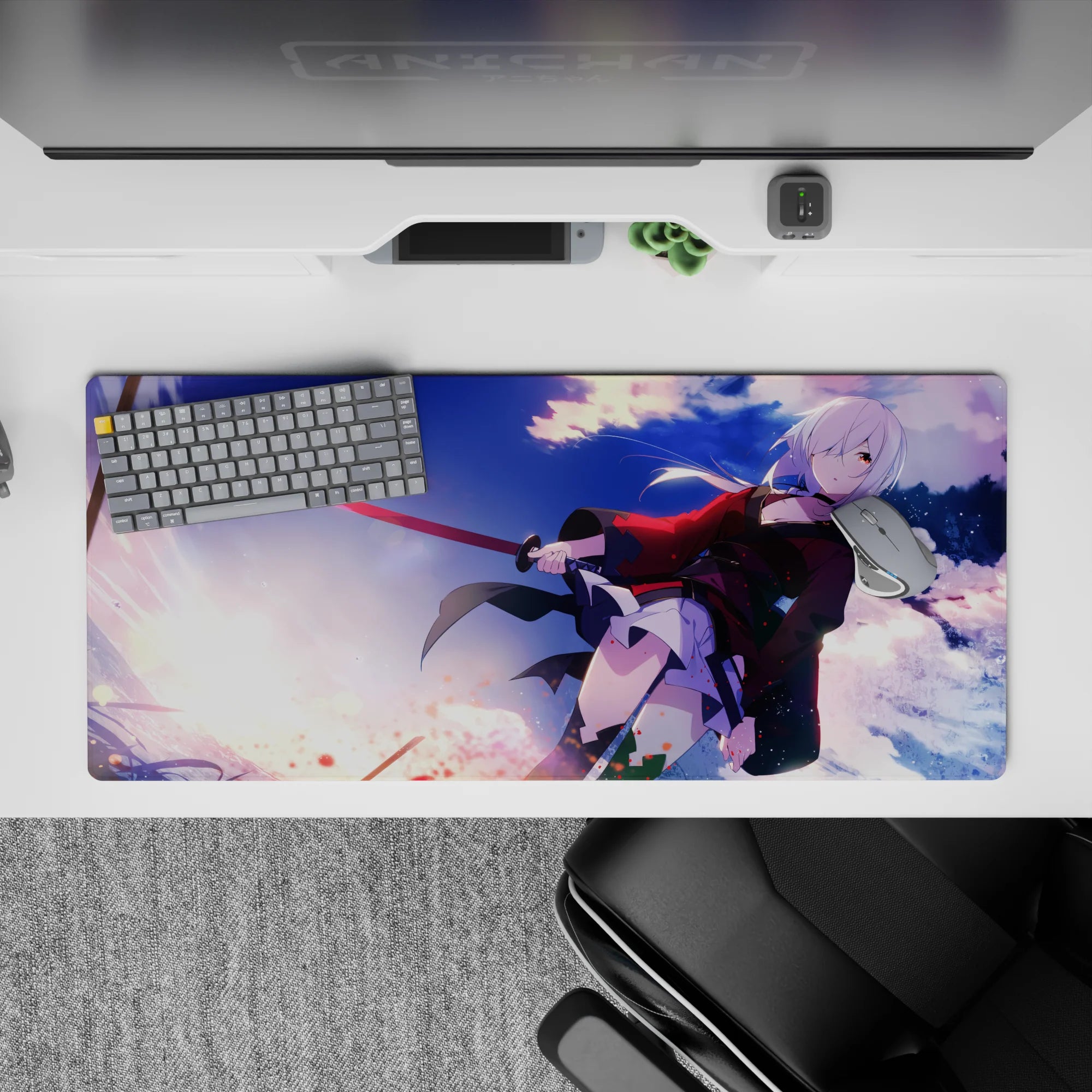 Sunset purple to icy blue anime desk pad 36x16 inches, fearless action-cute vibe with spark splashes.
