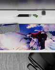 Sunset purple to icy blue anime desk pad 36x16 inches, fearless action-cute vibe with spark splashes.
