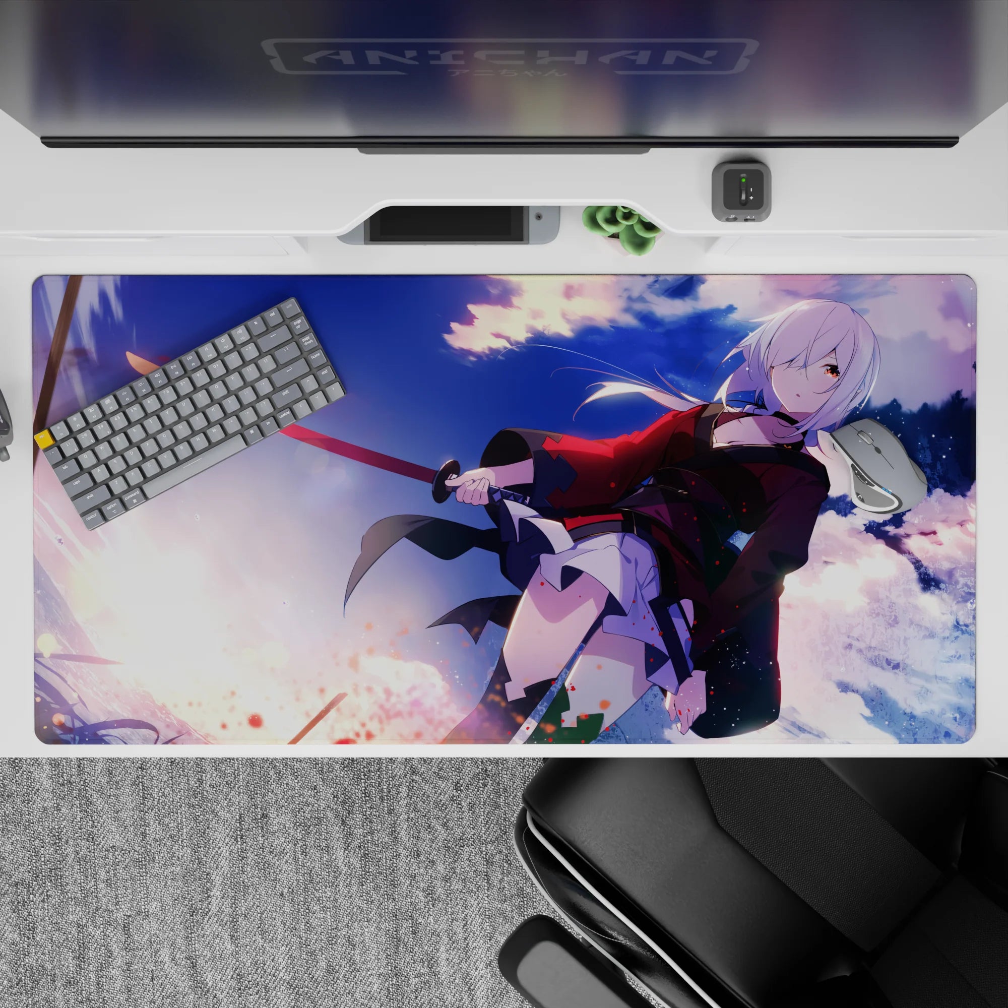 Sunset purple to icy blue anime desk pad 40x20 inches, fearless action-cute vibe with spark-like accents.