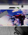 Sunset purple to icy blue anime desk pad 40x20 inches, fearless action-cute vibe with spark-like accents.