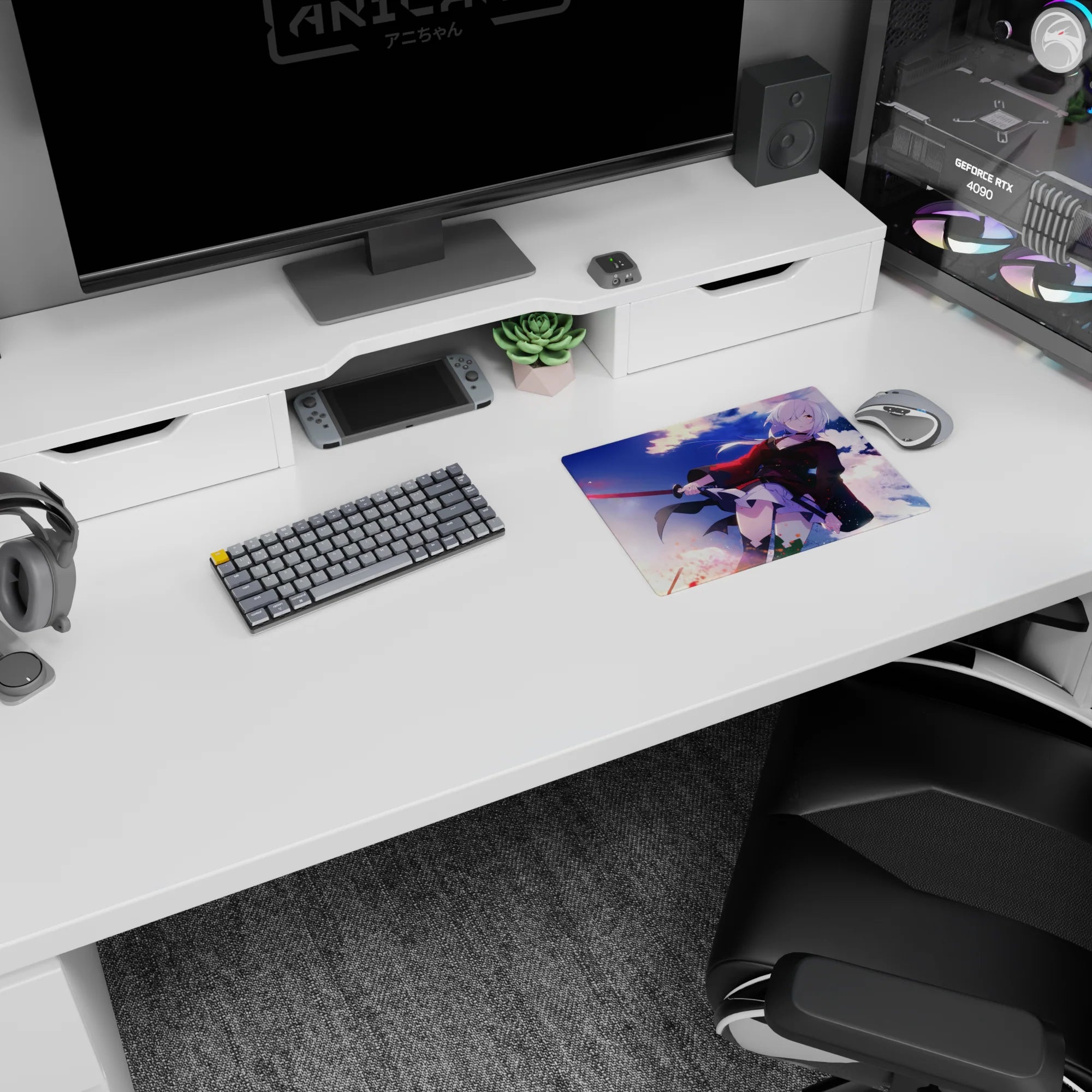 Silver-haired swordswoman anime girl mouse pad 14x10 inches, blade catching light, red-black coat on desk.