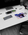Silver-haired swordswoman anime girl mouse pad 14x10 inches, blade catching light, red-black coat on desk.