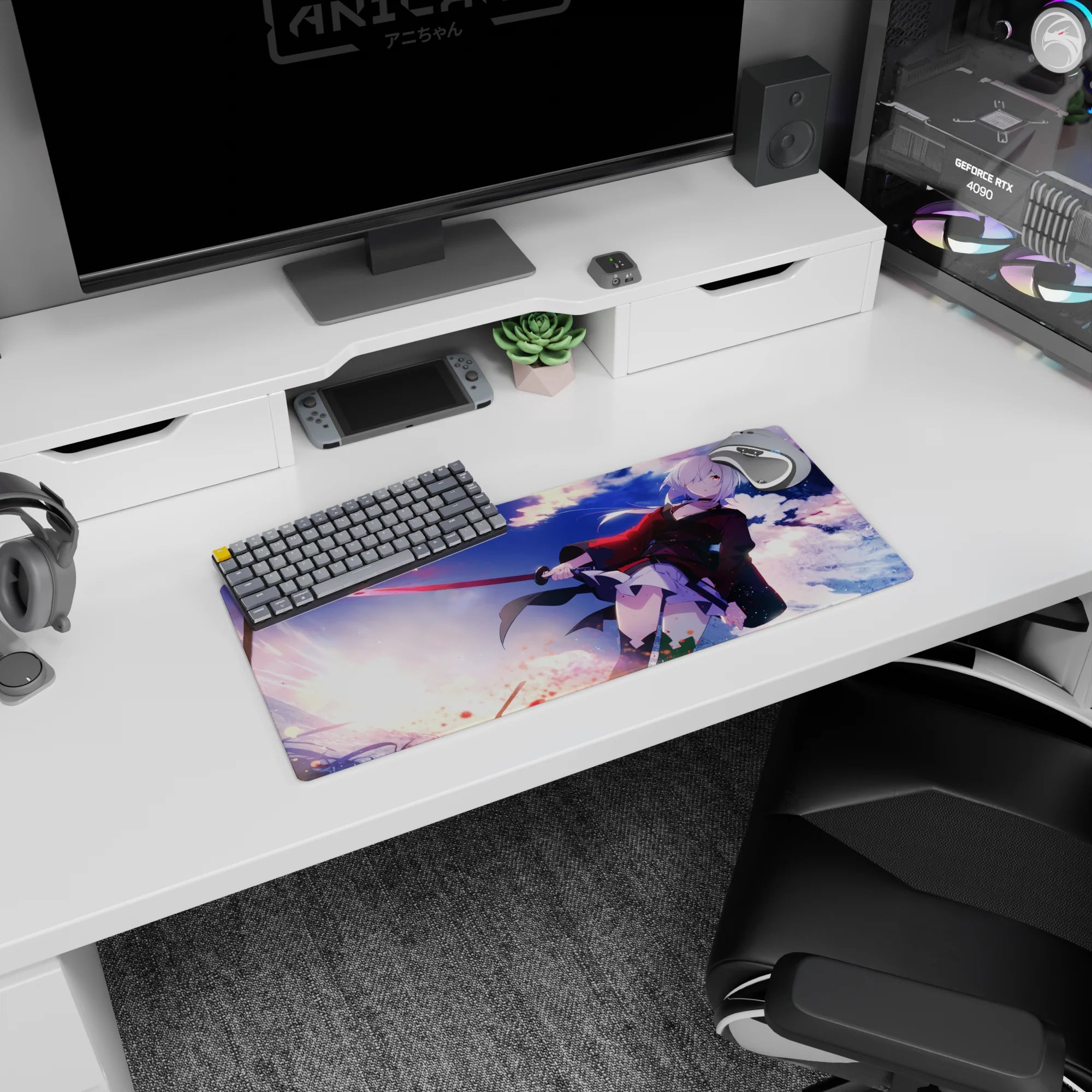28x12 inches mouse pad showing a silver-haired swordswoman drawing a glowing blade in a red-black coat.