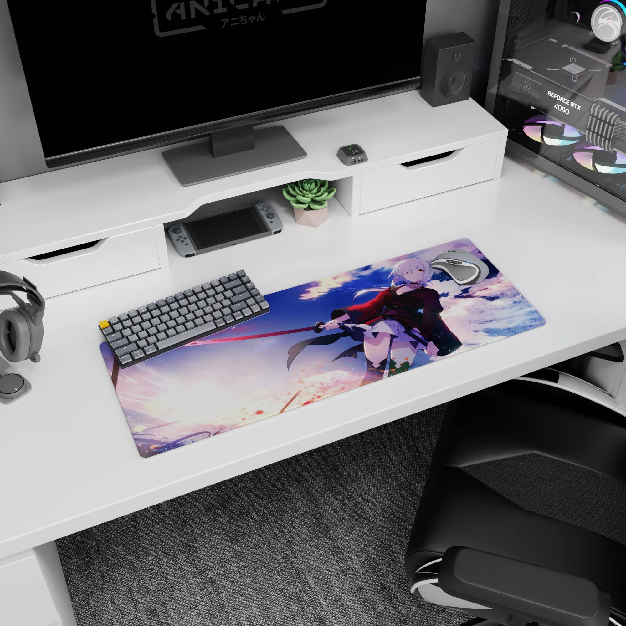 Anime girl mouse pad 32x12 inches featuring a silver-haired swordfighter, blade gleaming like a wink.
