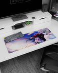 Anime girl mouse pad 32x12 inches featuring a silver-haired swordfighter, blade gleaming like a wink.