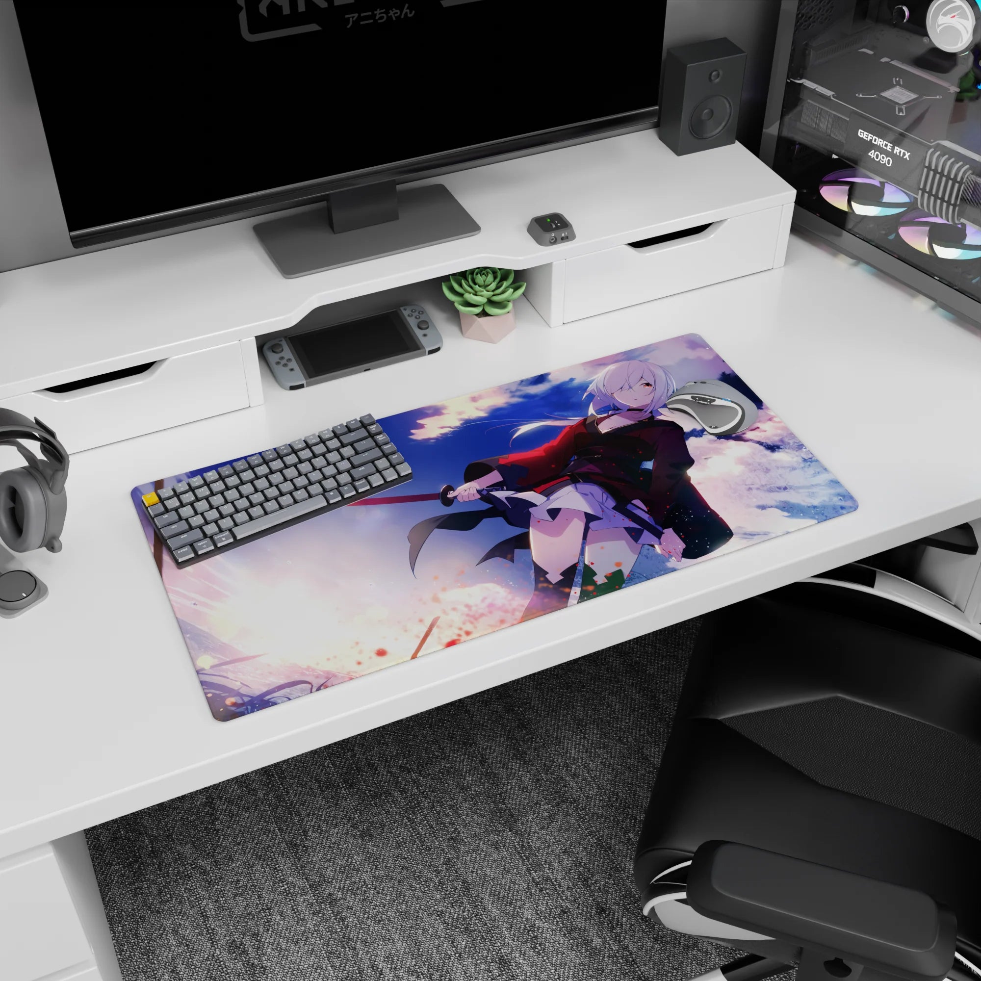 32x16 inches mouse pad featuring a silver-haired swordswoman drawing a shining blade, sparks and speed accents.