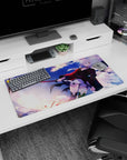 32x16 inches mouse pad featuring a silver-haired swordswoman drawing a shining blade, sparks and speed accents.