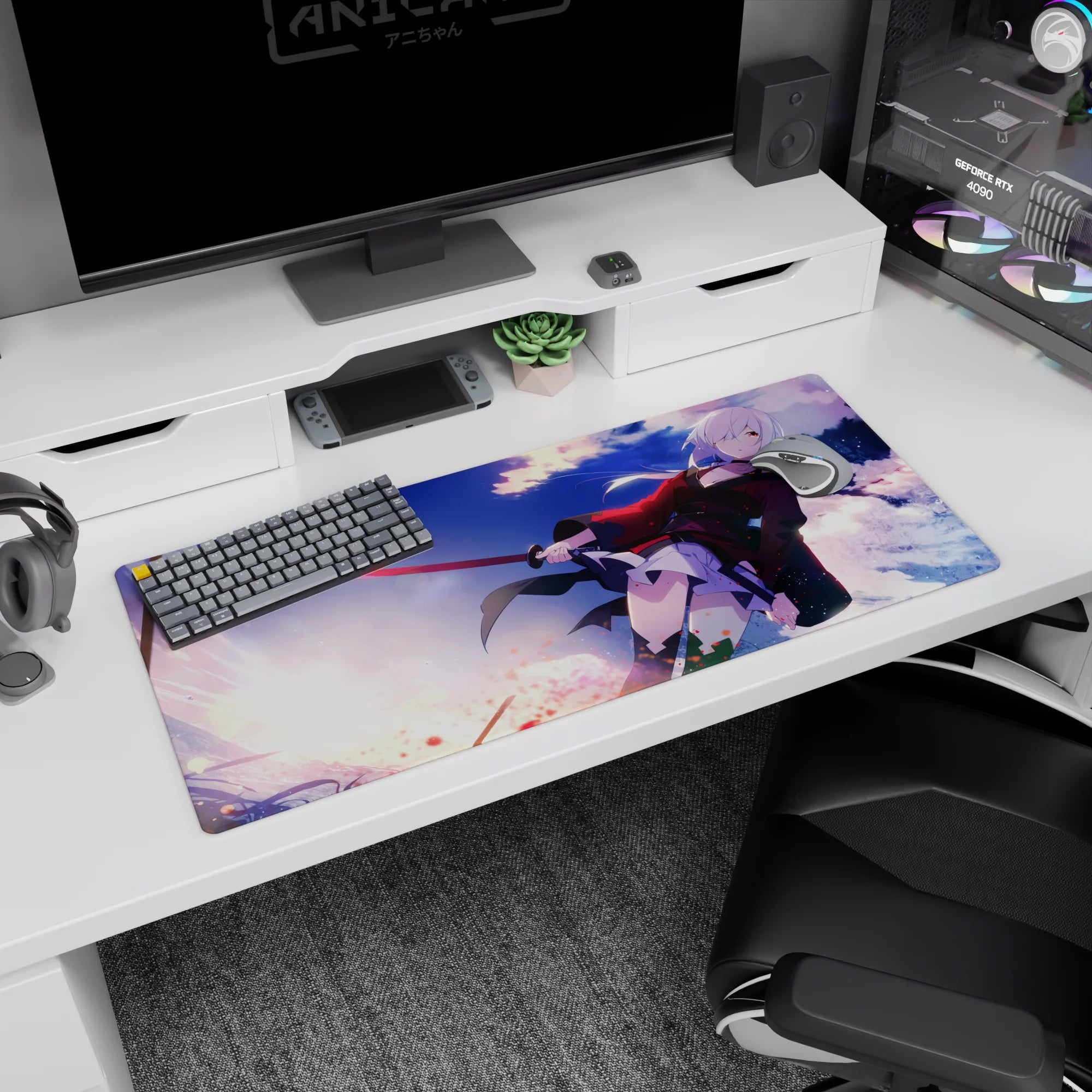 Silver-haired anime swordswoman in red-black coat on desk pad 36x16 inches, blade catching the light.