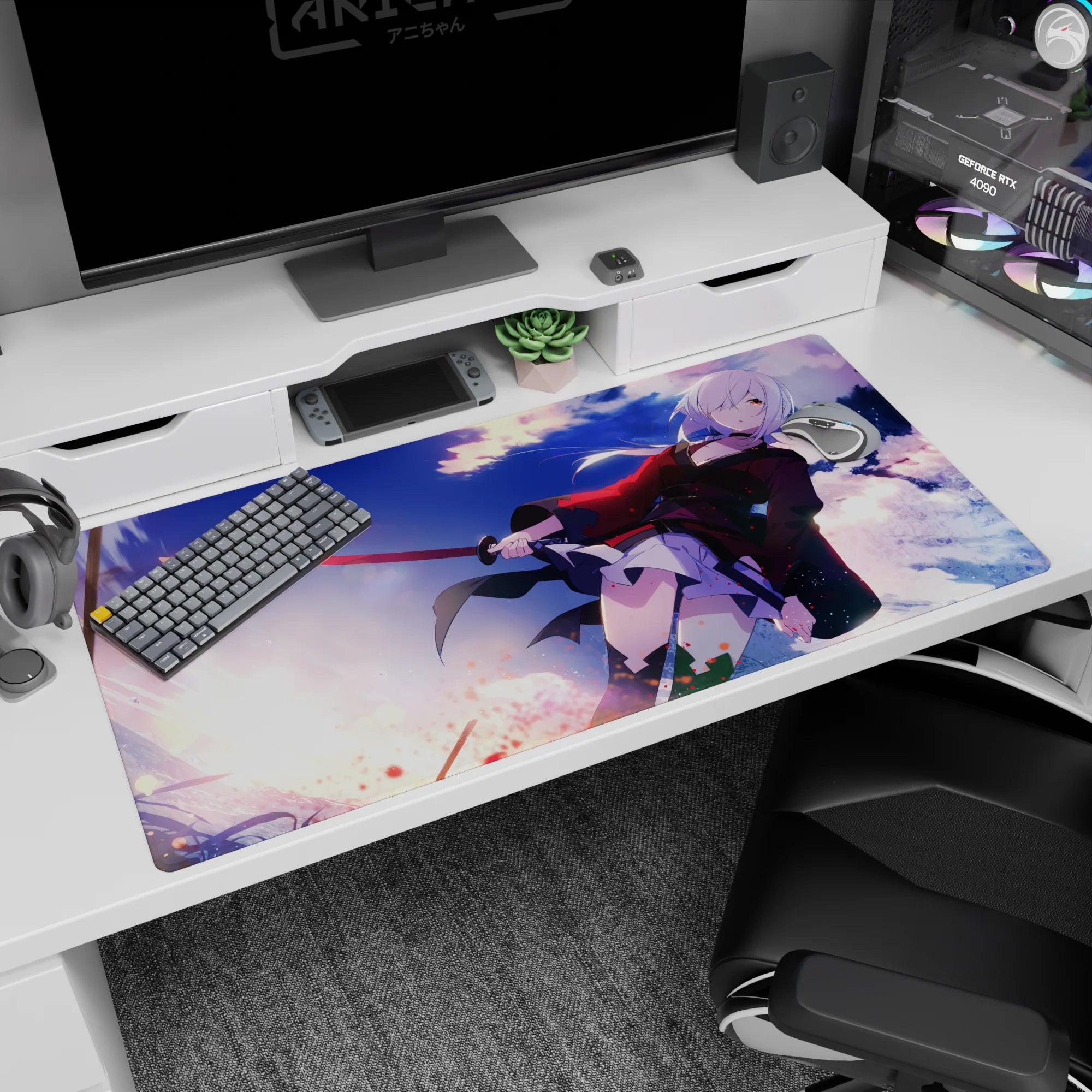 Silver-haired anime swordswoman in red-black coat on desk pad 40x20 inches, blade gleaming mid-action.