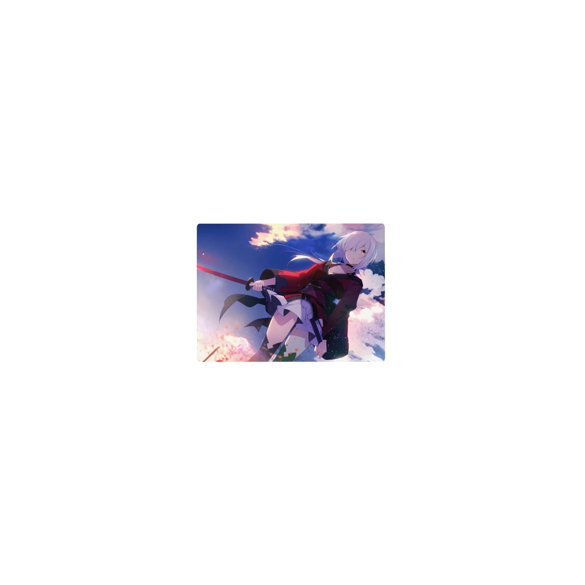 Classic anime girl mouse pad 14x10 inches with silver-haired swordswoman and red-black coat, action pose.