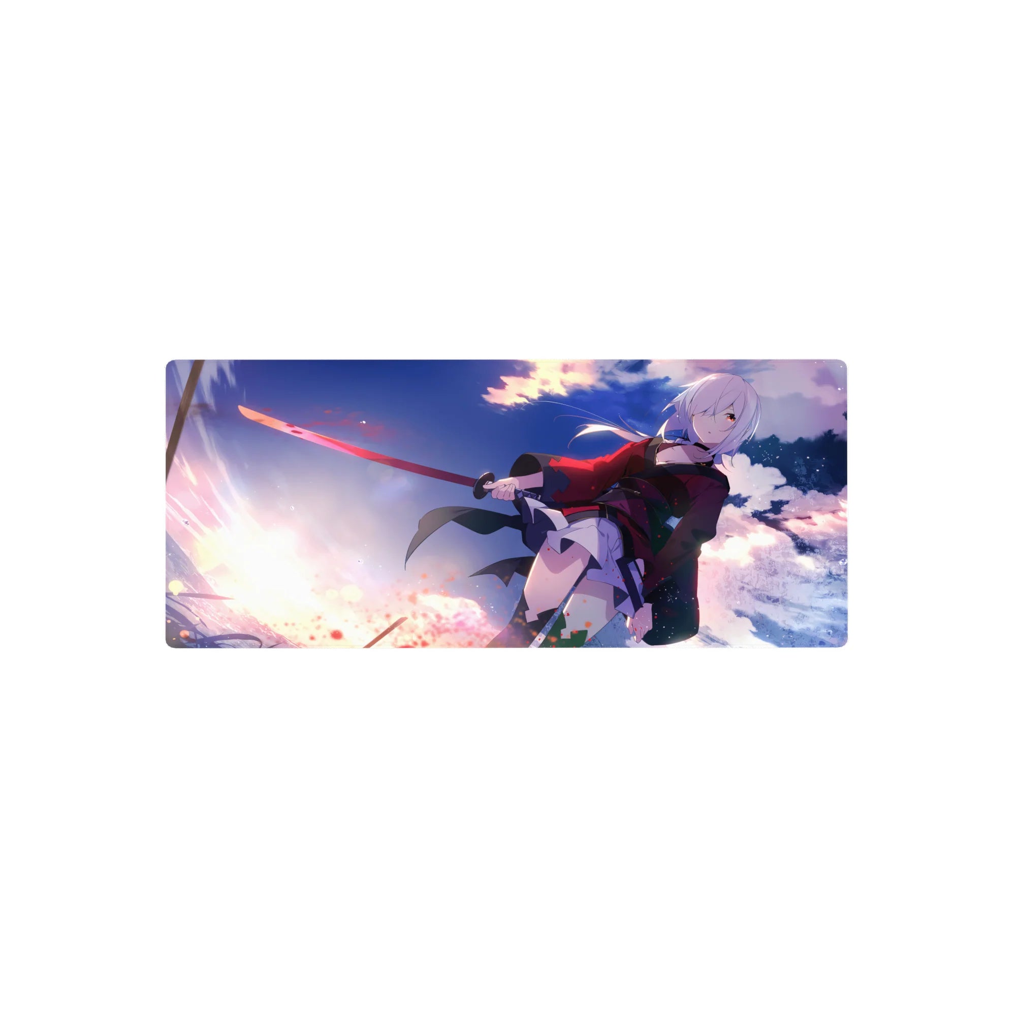 28x12 inches anime girl mouse pad with silver-haired swordswoman, red-black coat, dynamic splatter art.