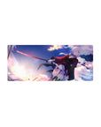 28x12 inches anime girl mouse pad with silver-haired swordswoman, red-black coat, dynamic splatter art.
