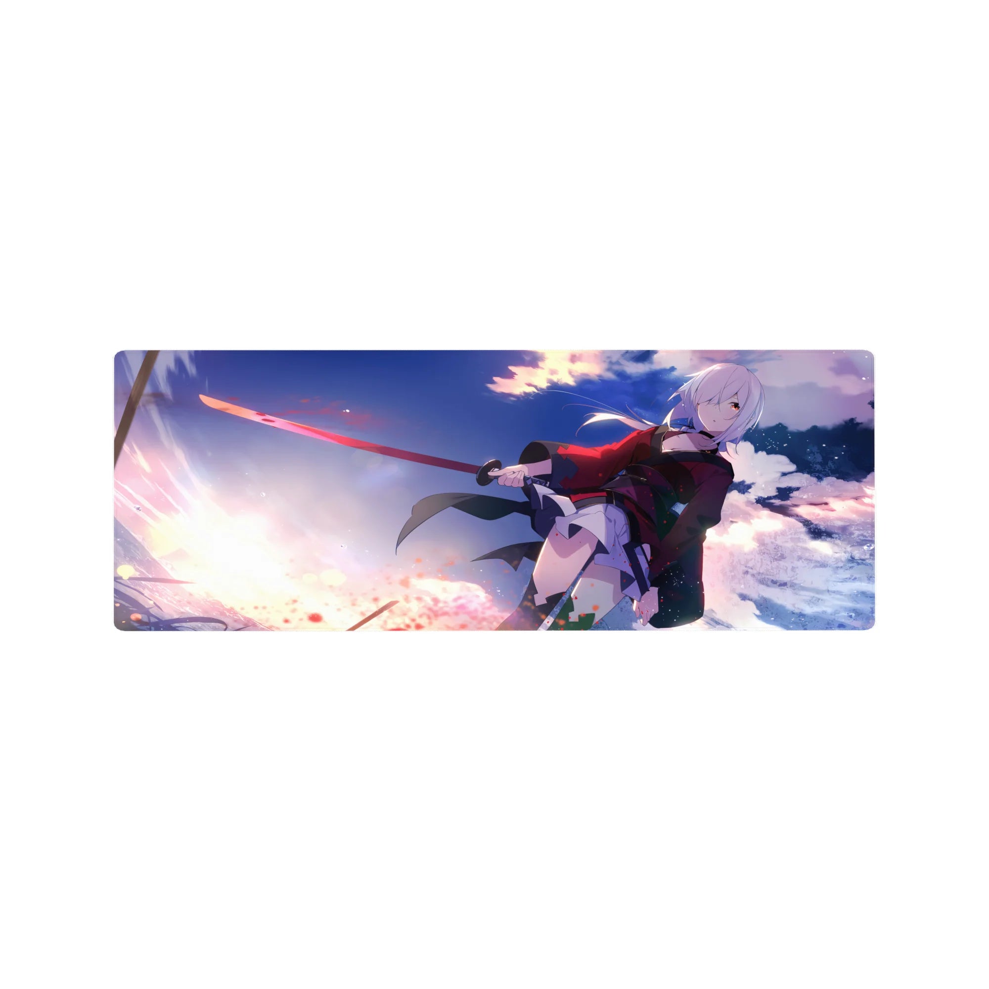 Anime girl mouse pad 32x12 inches with silver-haired swordswoman art in a red-black coat, action style.