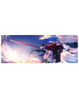 Anime girl mouse pad 32x12 inches with silver-haired swordswoman art in a red-black coat, action style.