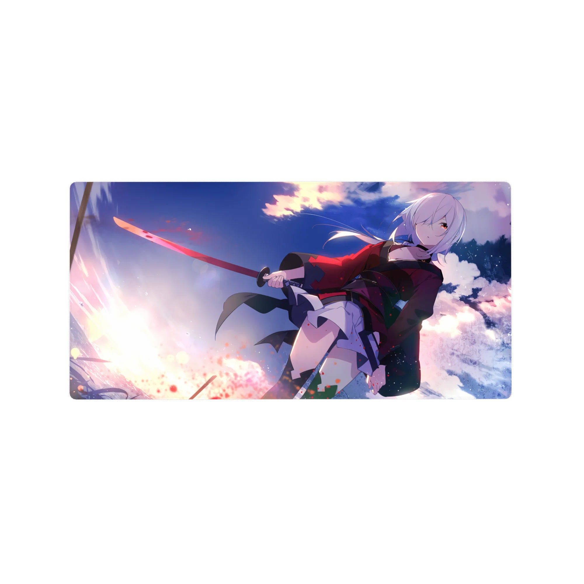 32x16 inches anime girl mouse pad with silver-haired swordswoman, red-black coat, dynamic splatter backdrop.