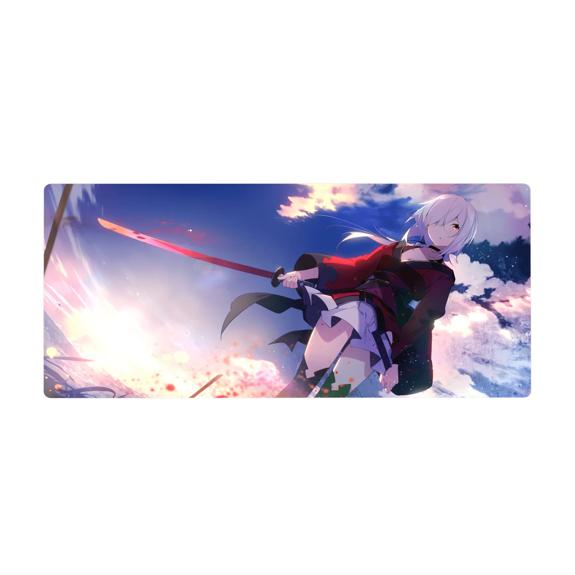 Anime girl desk pad 36x16 inches with silver-haired swordswoman, red-black coat, dynamic splatter art.