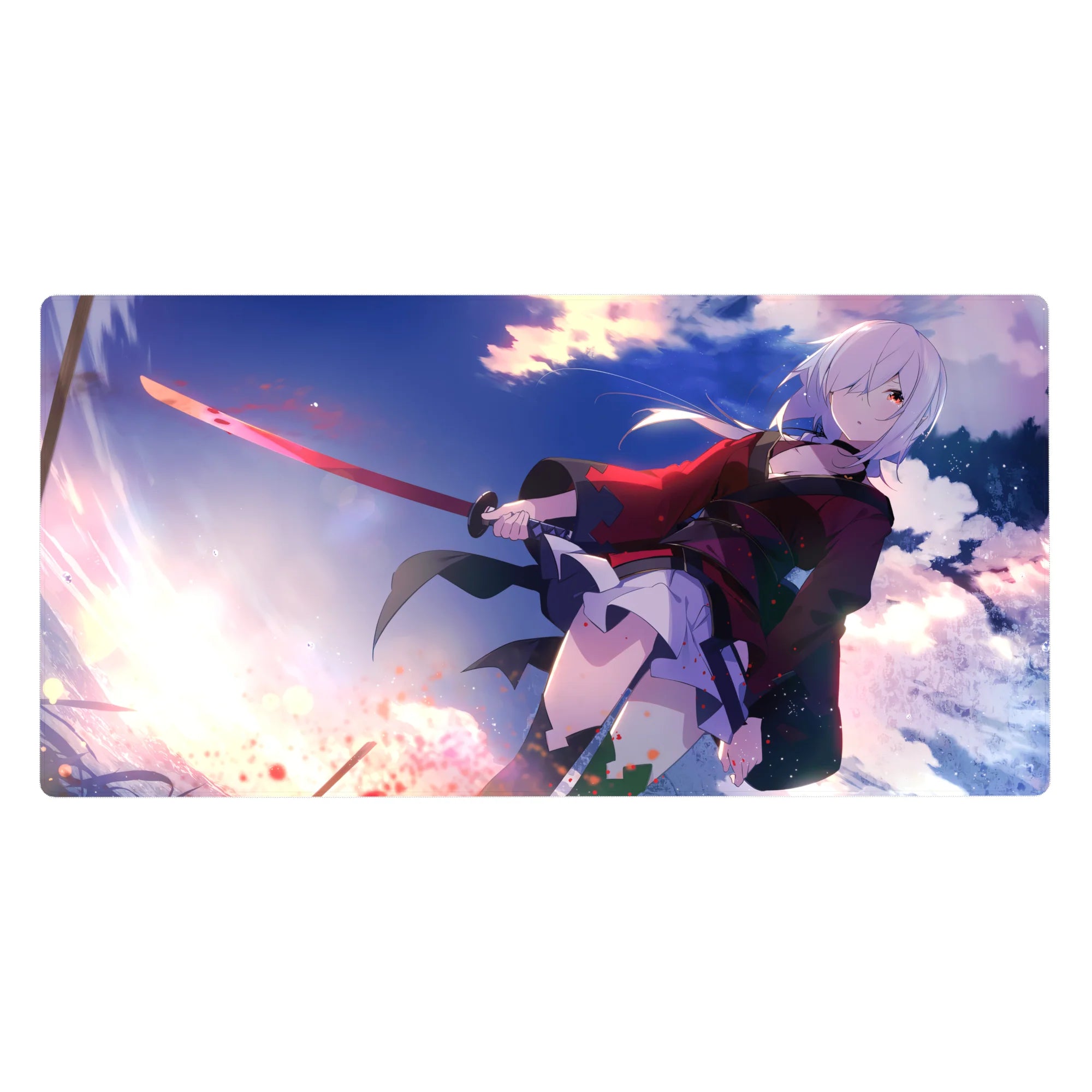Anime girl desk pad 40x20 inches with silver-haired swordswoman and red-black coat, dynamic splatter art.