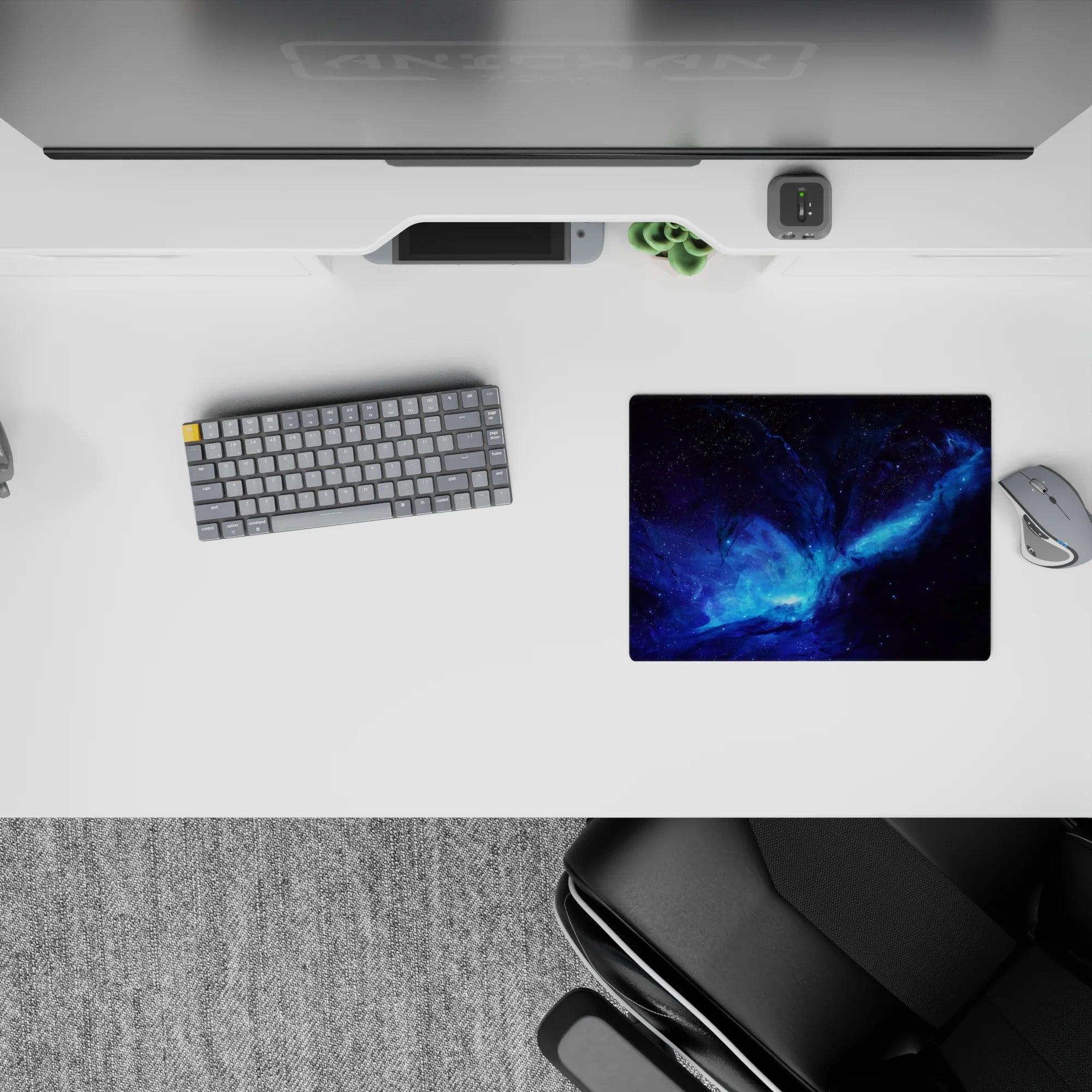 Electric blue and smoky purple space mouse pad, classic 14x10 inches, calm-to-wild cosmic mood.